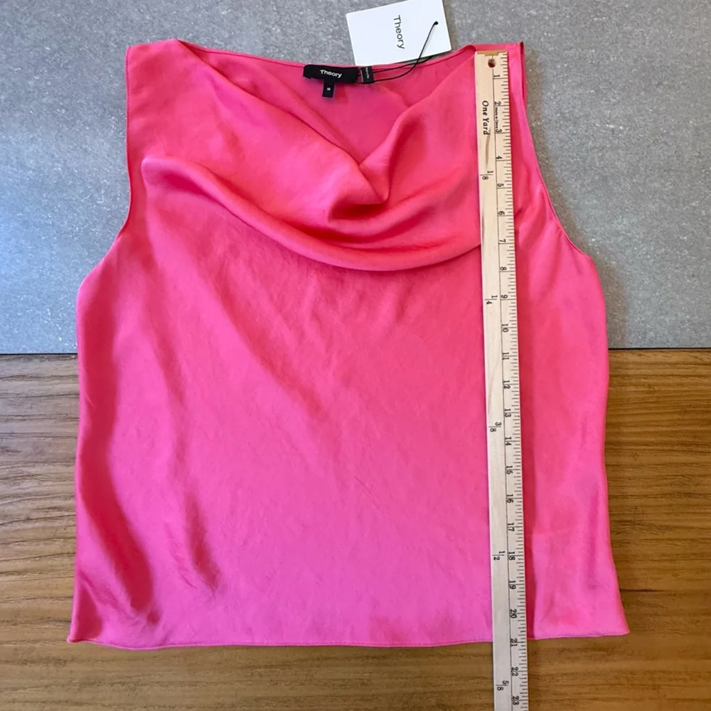 NWT Theory Sleeveless Draped Satin Cowlneck Pink Azalea Shell Size Medium - Picture 5 of 9